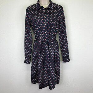 Untuckit Dress Womens Size 2 Navy Blue Button Up Belted Long Sleeve Stretch